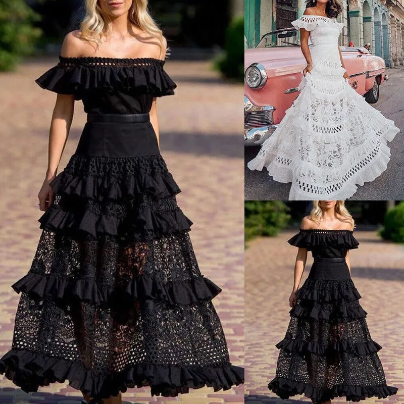 Amelia – One-Shoulder Ruffled Lace Swing Dress