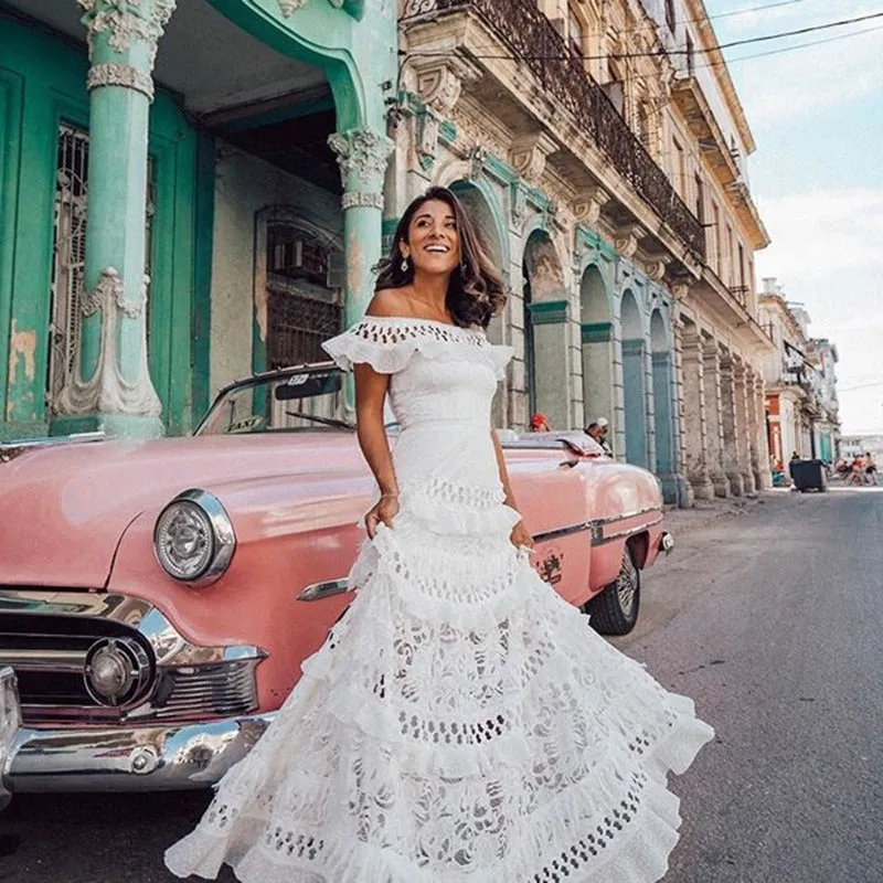 Amelia – One-Shoulder Ruffled Lace Swing Dress