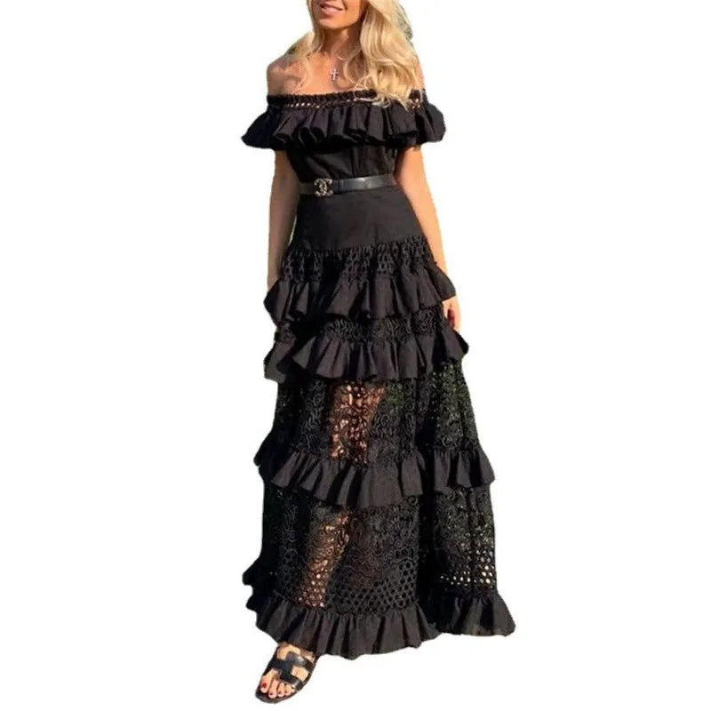 Amelia – One-Shoulder Ruffled Lace Swing Dress