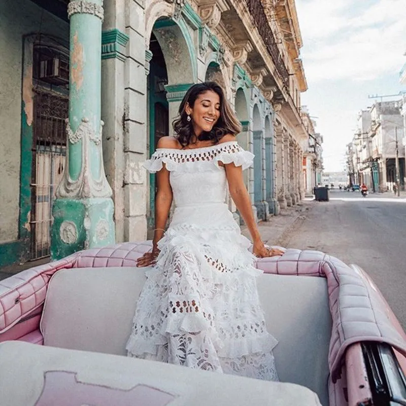 Amelia – One-Shoulder Ruffled Lace Swing Dress