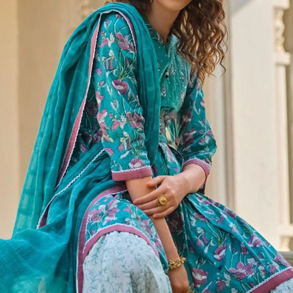 Blue Floral Printed Pure Cotton Sharara Suit
