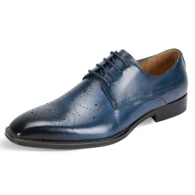 Blue Lace-Up Men's Leather Dress Shoe - Perforated Pattern Dark Toe
