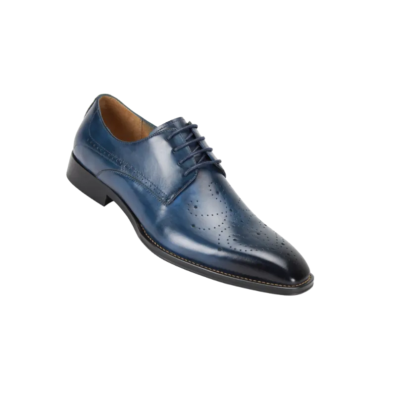 Blue Lace-Up Men's Leather Dress Shoe - Perforated Pattern Dark Toe