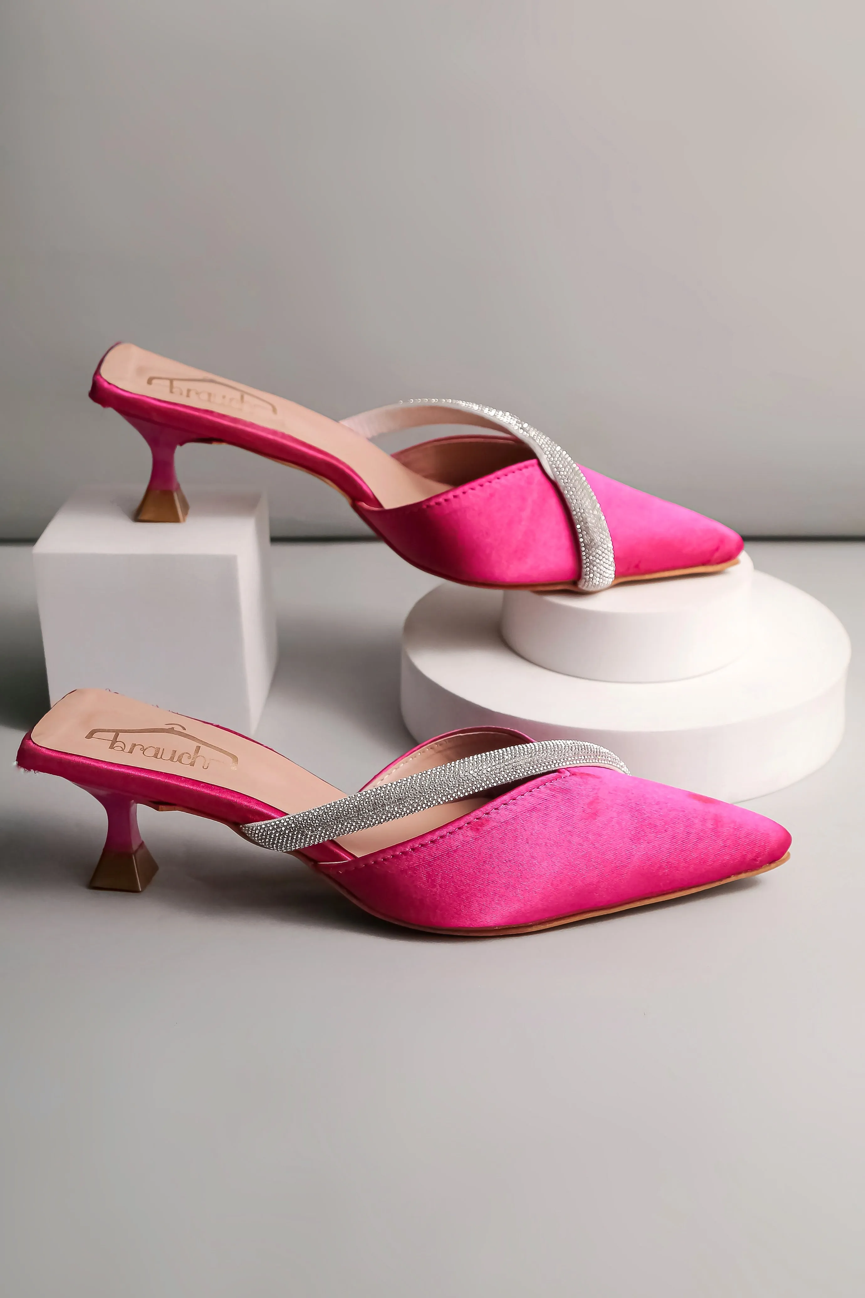 Brauch Pink Embellished Cross Rhinestone Kitten Heel Mules
