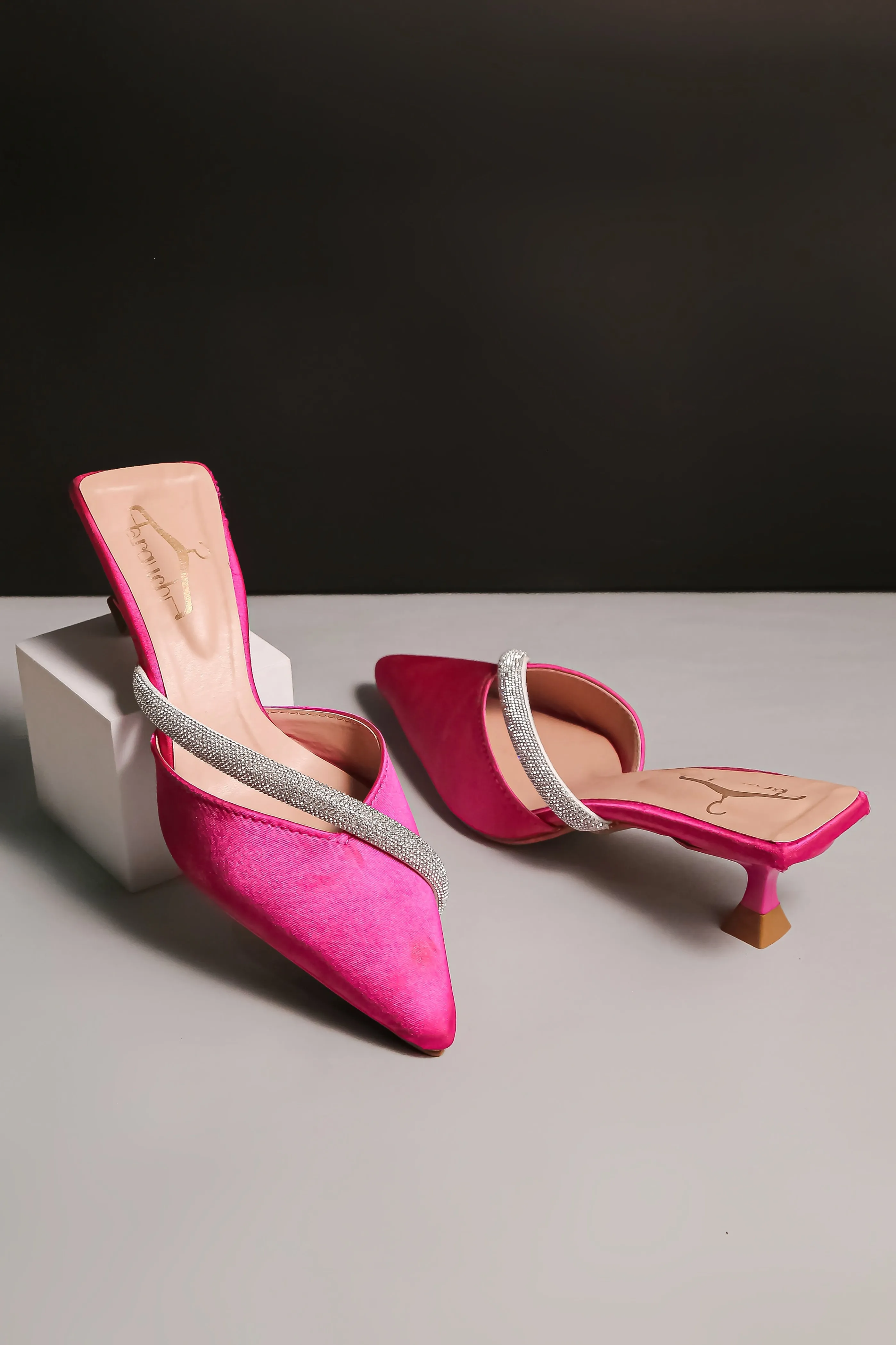 Brauch Pink Embellished Cross Rhinestone Kitten Heel Mules