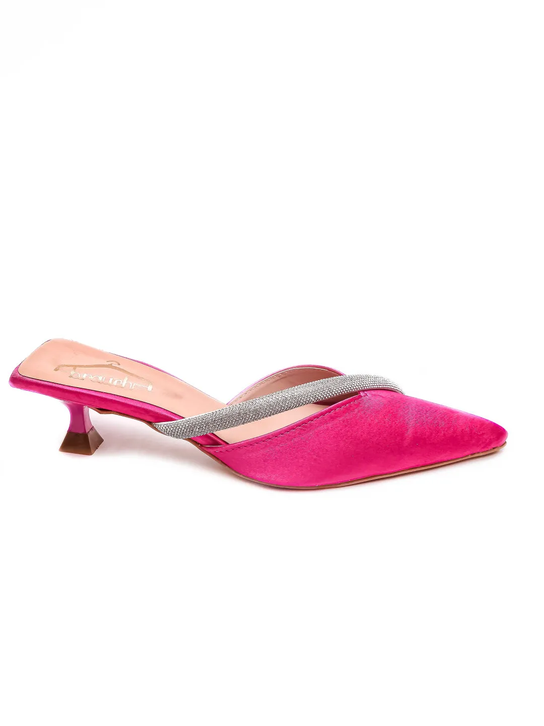 Brauch Pink Embellished Cross Rhinestone Kitten Heel Mules