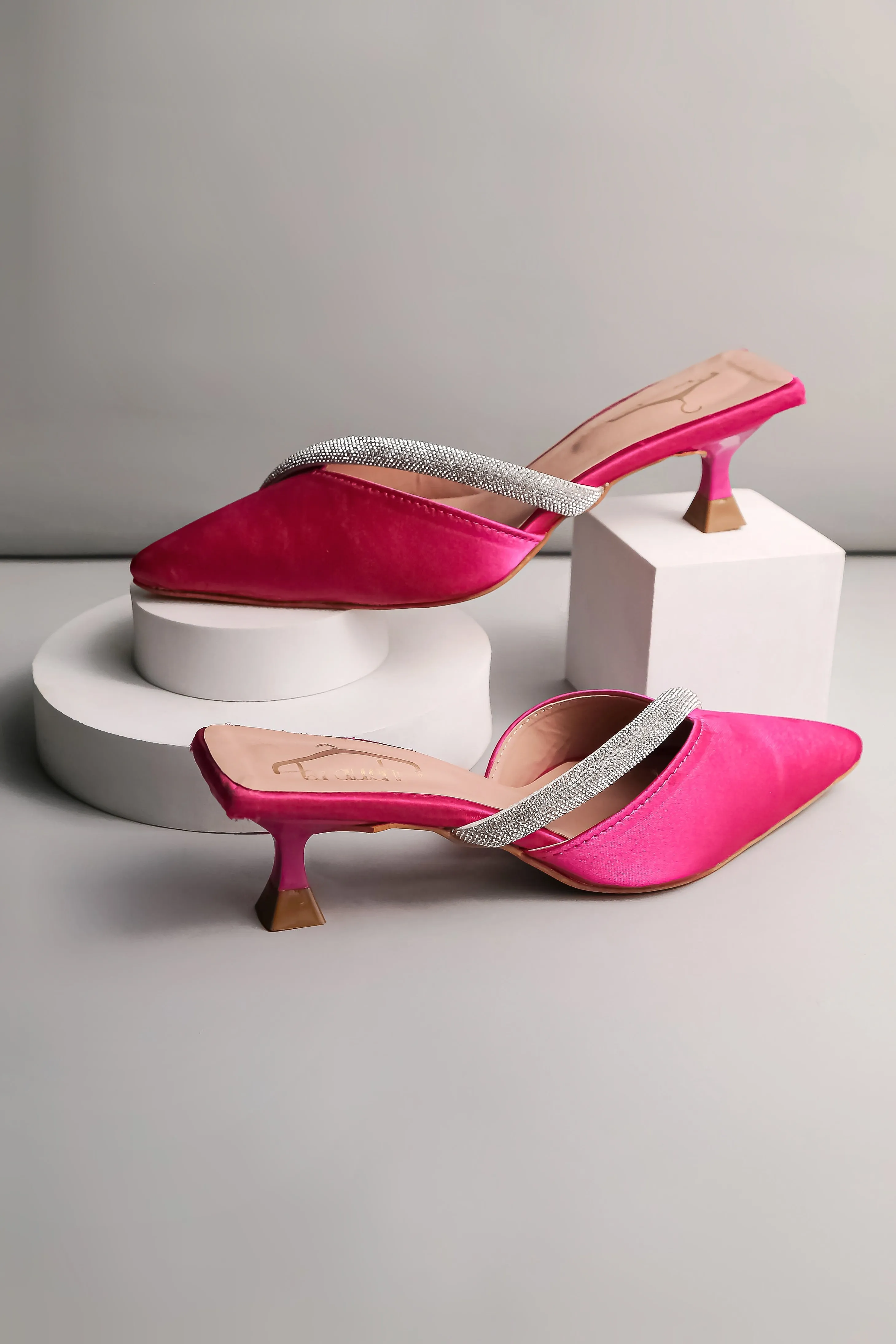 Brauch Pink Embellished Cross Rhinestone Kitten Heel Mules