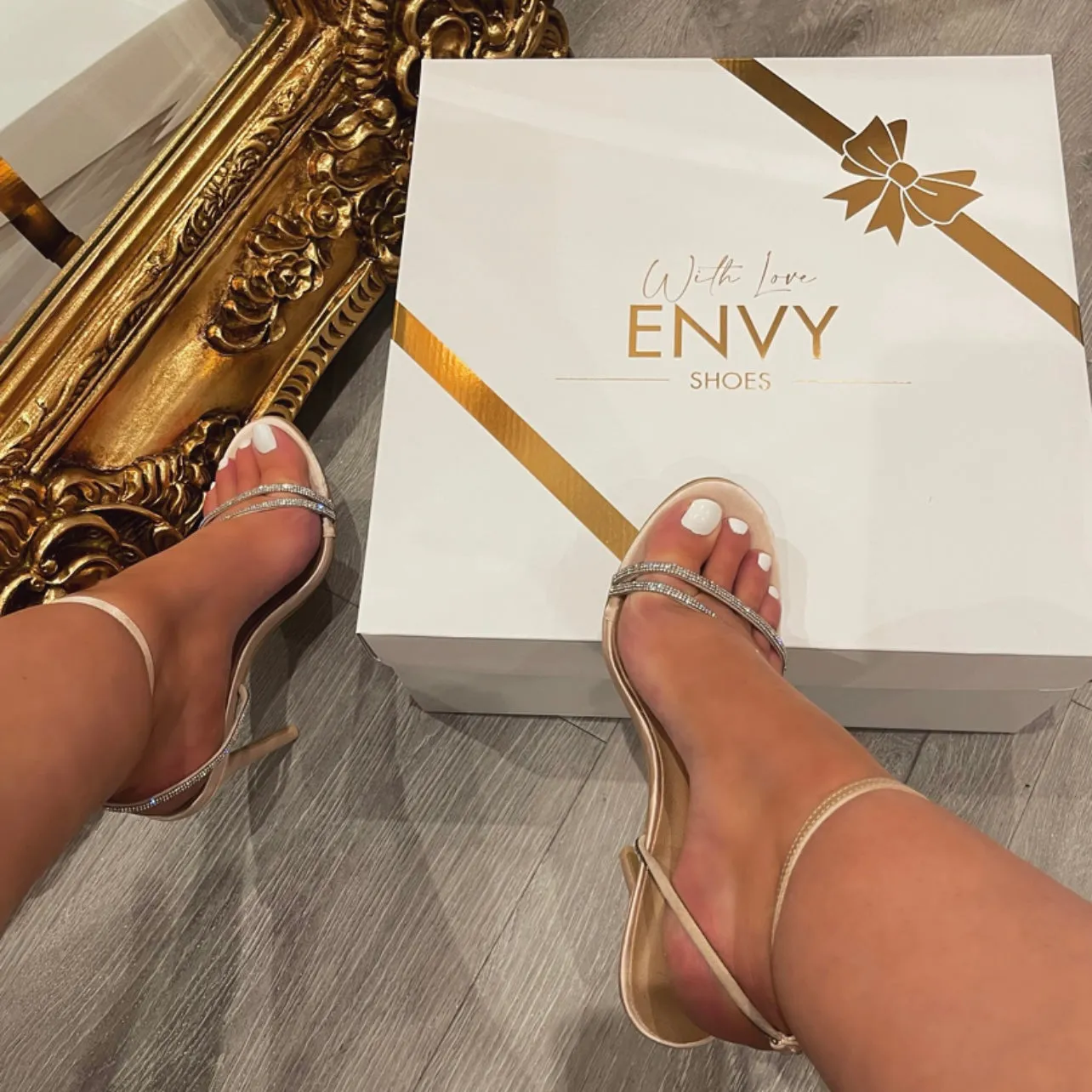 ELISSA CHAMPAGNE SATIN STRAPPY DIAMANTE HEELS