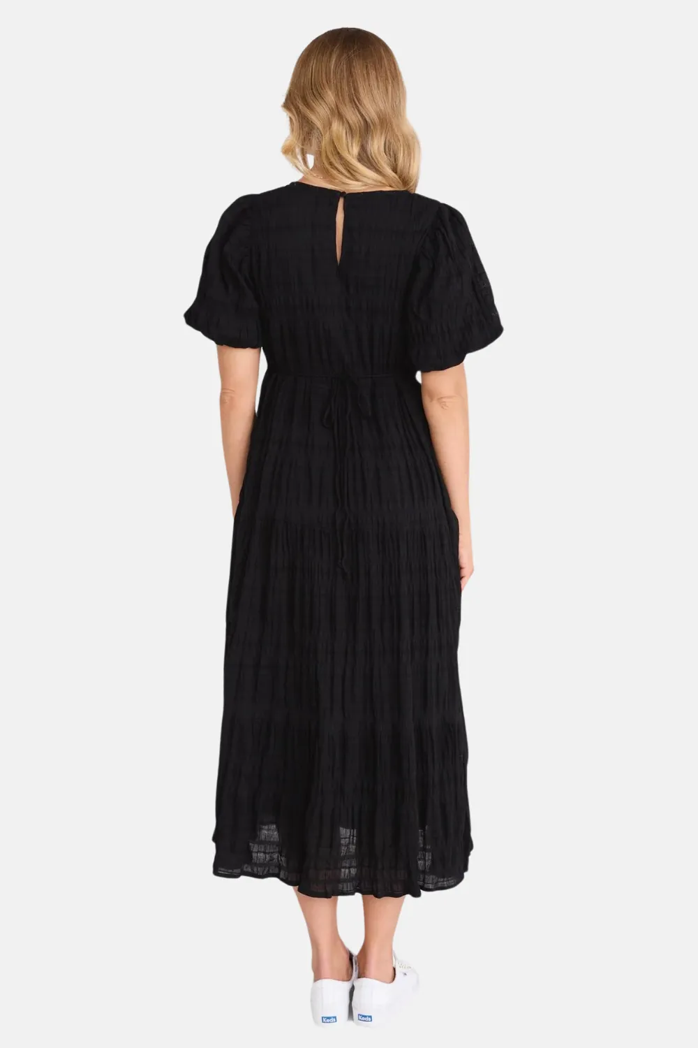 Graceful Black Shirred Cotton Bubble Sleeve Tiered Maxi Dress