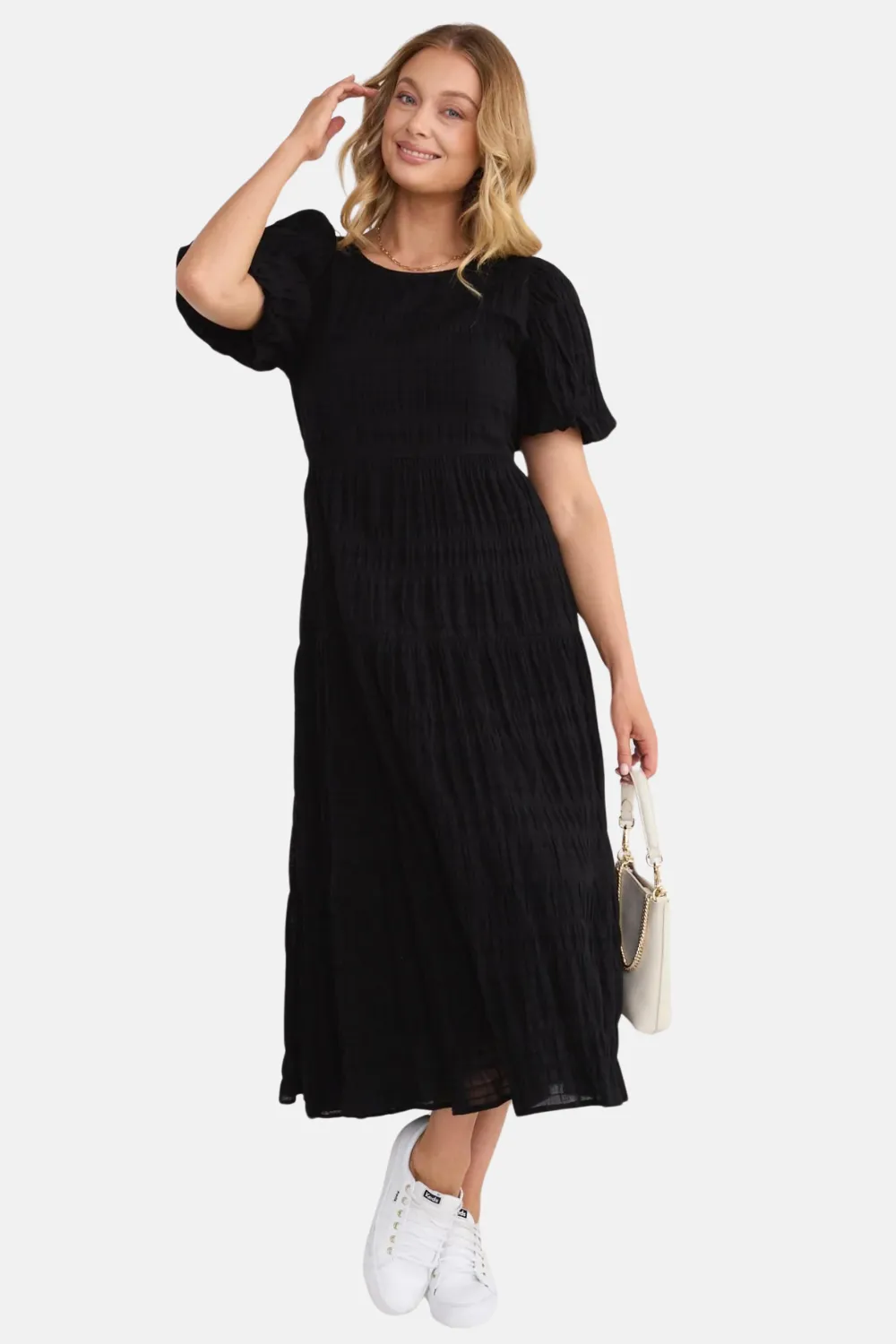 Graceful Black Shirred Cotton Bubble Sleeve Tiered Maxi Dress