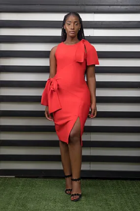 Jola Knee Length Bow Detail Side Slit Dress