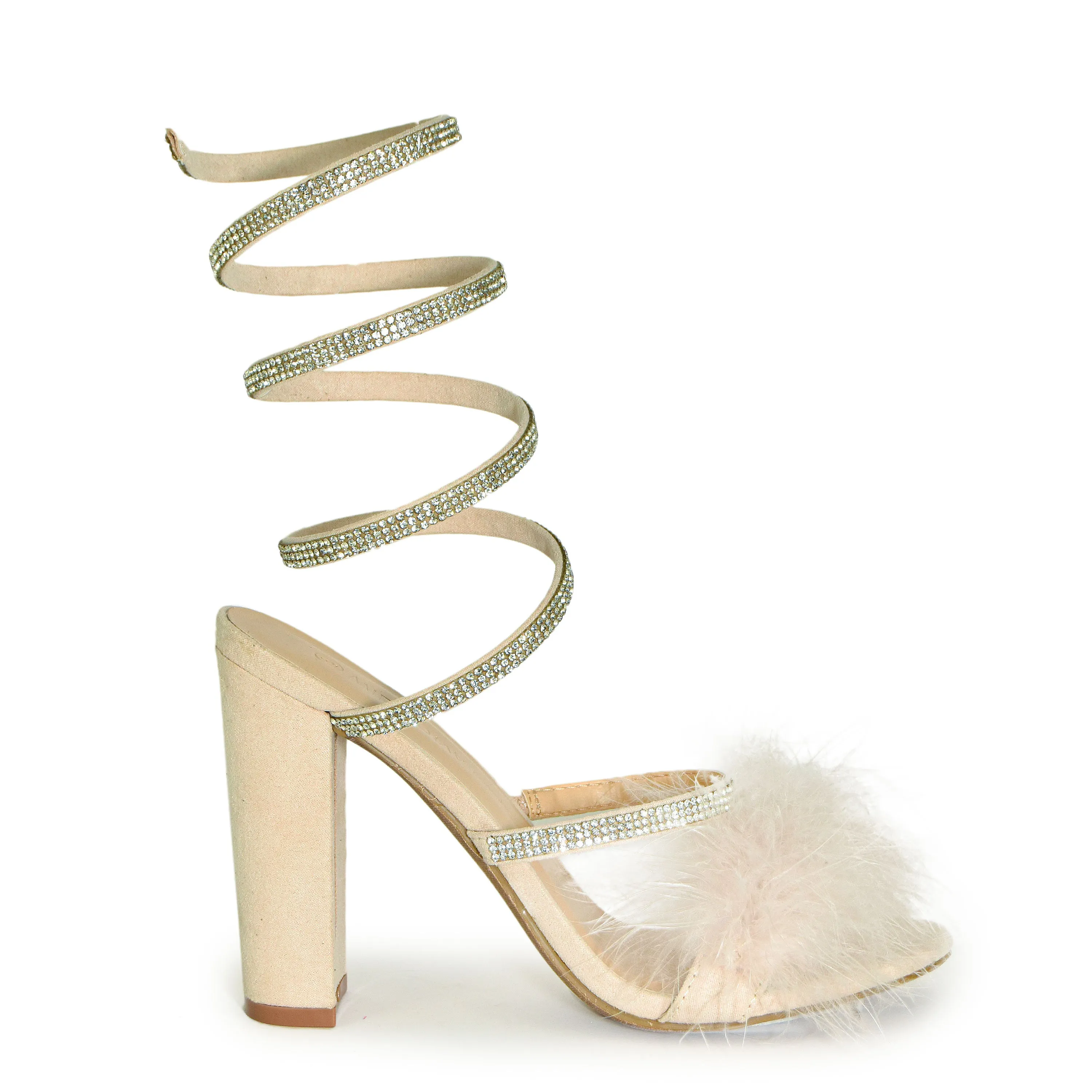 MORRIS-573 Feather Rhinestone Embellished Wrap Around Chunky Block Heel Sandals
