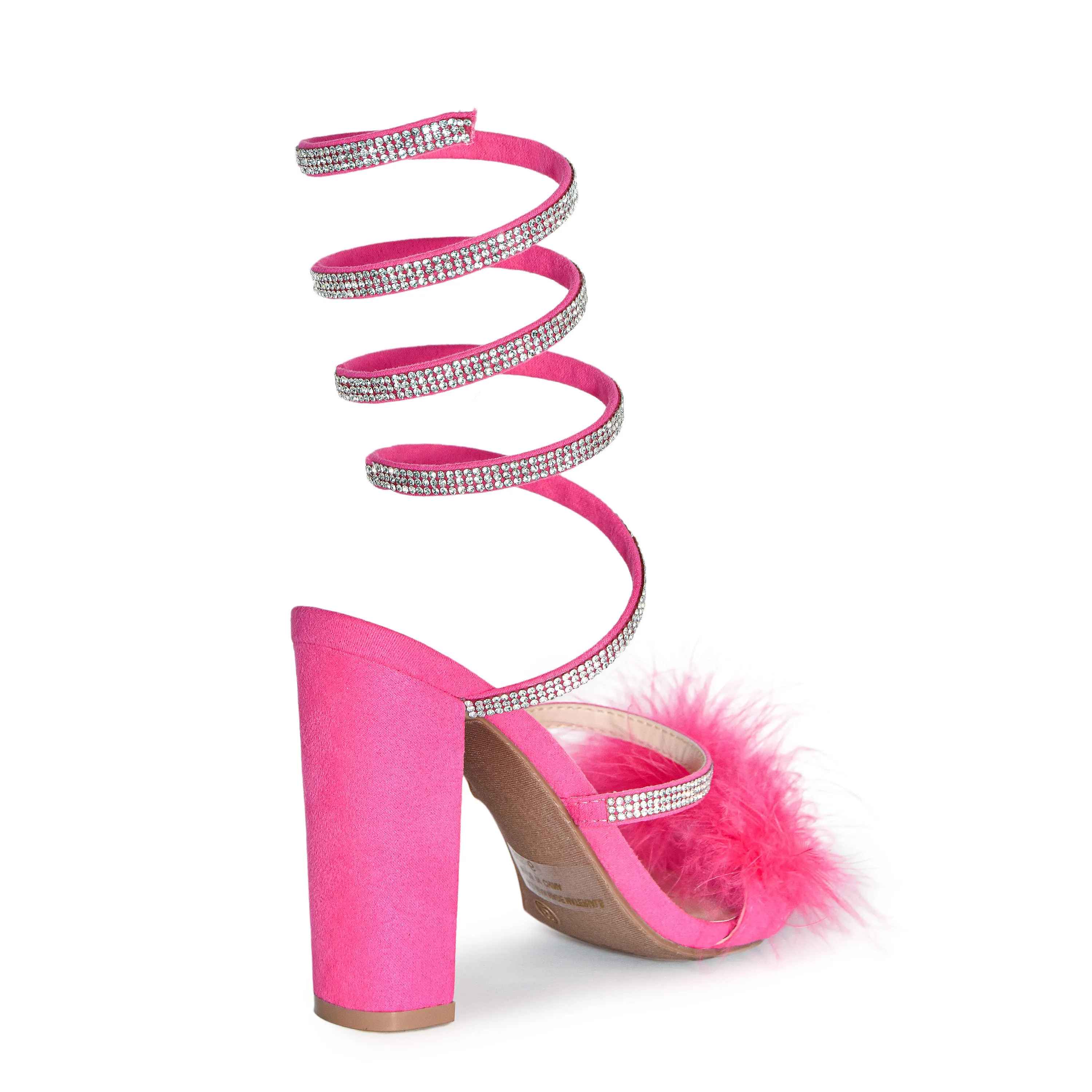 MORRIS-573 Feather Rhinestone Embellished Wrap Around Chunky Block Heel Sandals