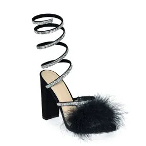 MORRIS-573 Feather Rhinestone Embellished Wrap Around Chunky Block Heel Sandals