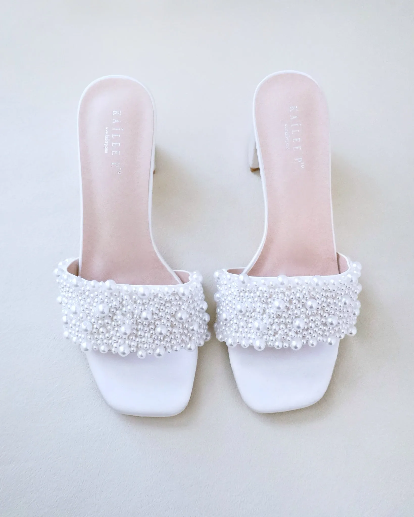 Satin Block Heels Slide Wedding Sandals with Perla Applique
