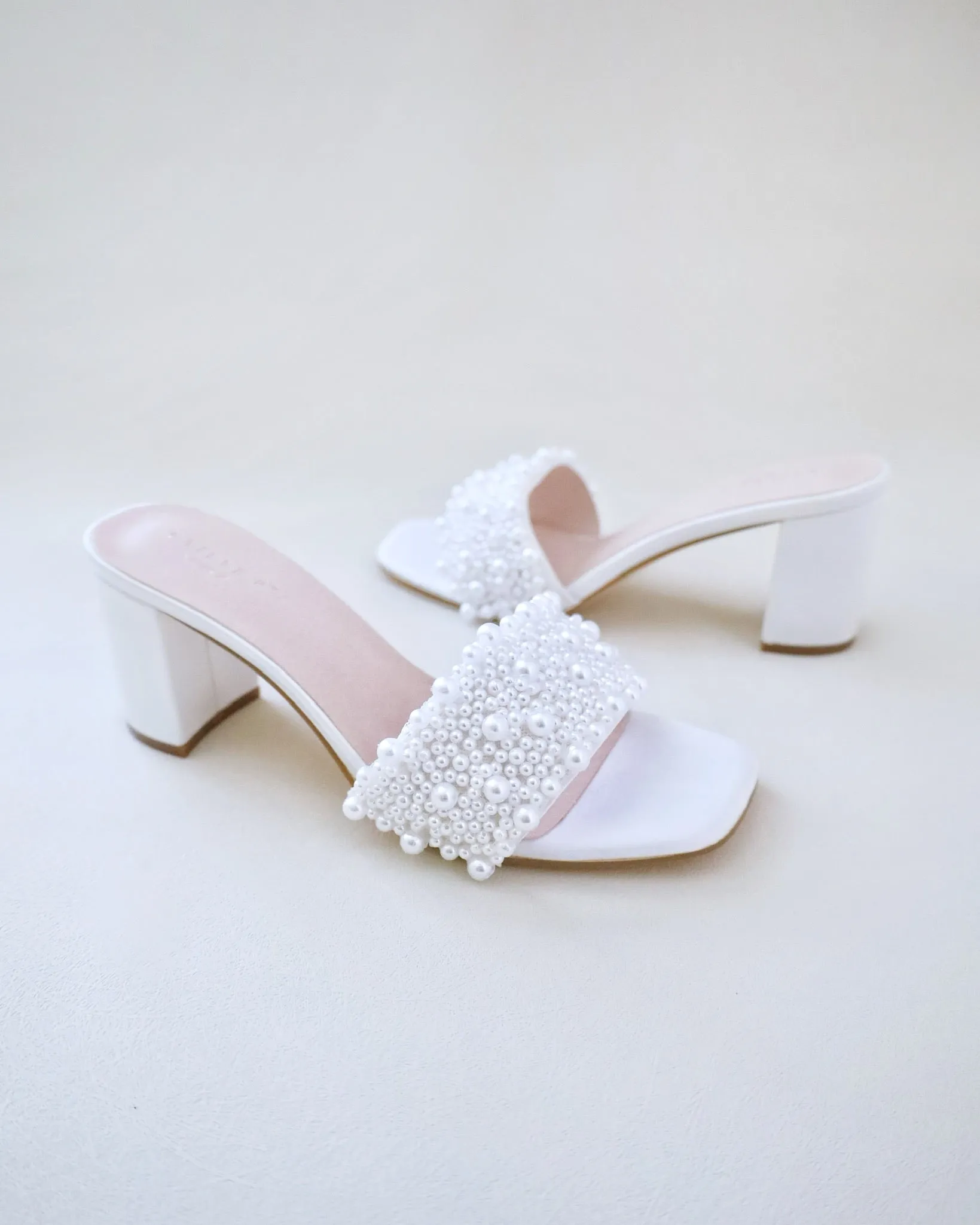Satin Block Heels Slide Wedding Sandals with Perla Applique