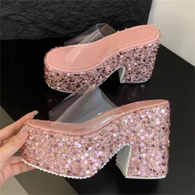 Sequin Platform Heels Open Toe Summer Slides