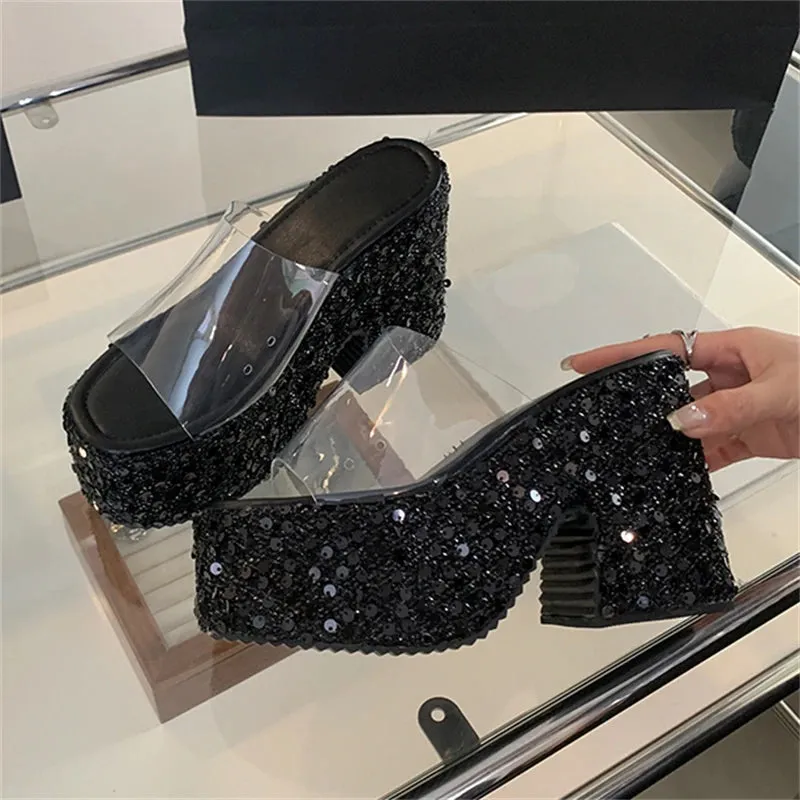 Sequin Platform Heels Open Toe Summer Slides