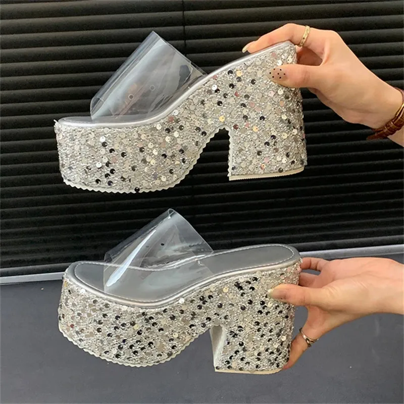 Sequin Platform Heels Open Toe Summer Slides
