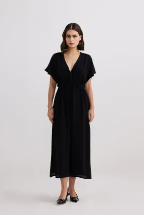 V-neck Gathered Maxi Dress in Black