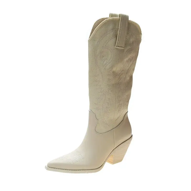 Women's Retro White Cowboy Boots - Pointed Toe, Knee-High Knight Boots with Thick Heels