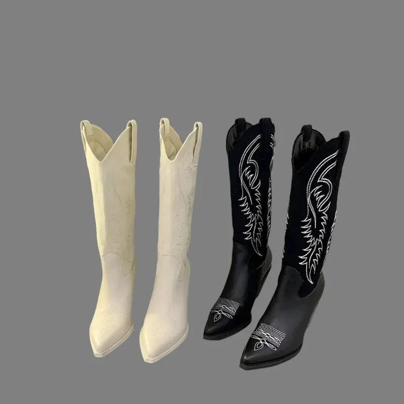 Women's Retro White Cowboy Boots - Pointed Toe, Knee-High Knight Boots with Thick Heels