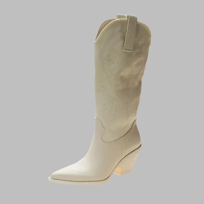 Women's Retro White Cowboy Boots - Pointed Toe, Knee-High Knight Boots with Thick Heels