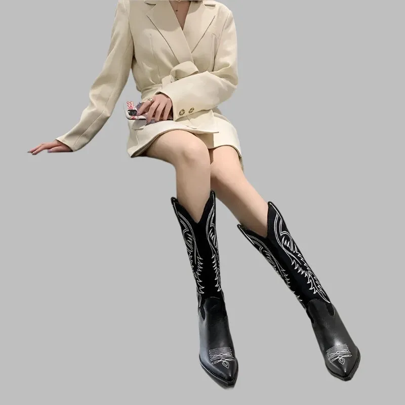 Women's Retro White Cowboy Boots - Pointed Toe, Knee-High Knight Boots with Thick Heels
