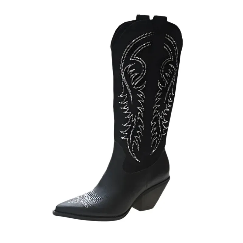 Women's Retro White Cowboy Boots - Pointed Toe, Knee-High Knight Boots with Thick Heels